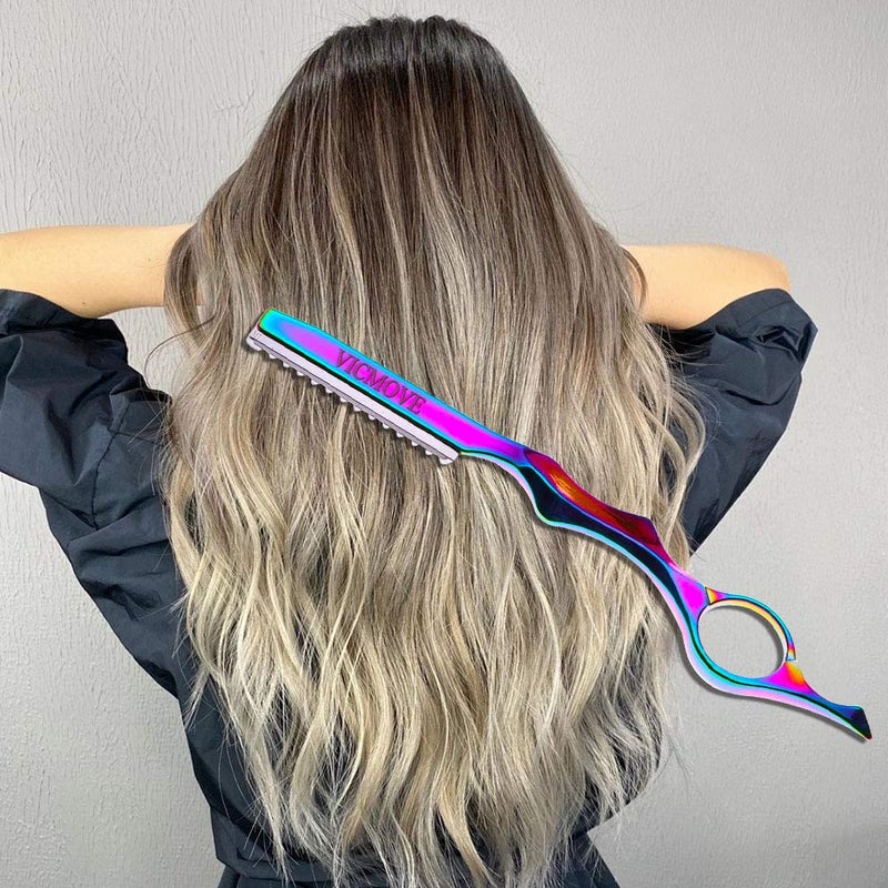 VICMOVE Professional Hair Styling Thinning Texturizing Cutting Feather Razor + 10 Replacement Blades Stainless Steel Rainbow Color - Image 2